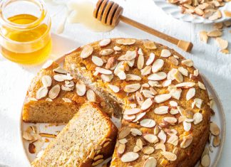 Honey-Almond Cake honey almond cake sliced on white plate