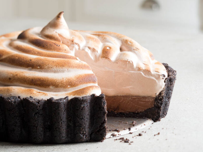 triple chocolate tart on marble counter