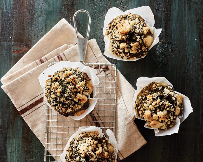 Matcha Almond Muffins with Black Sesame Streusel