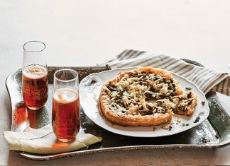 Mushroom Tart Mushroom Tart on tray with French Royal cocktail