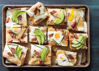 Bacon and Egg Focaccia Bacon and Egg Focaccia sliced on sheet pan with green surface