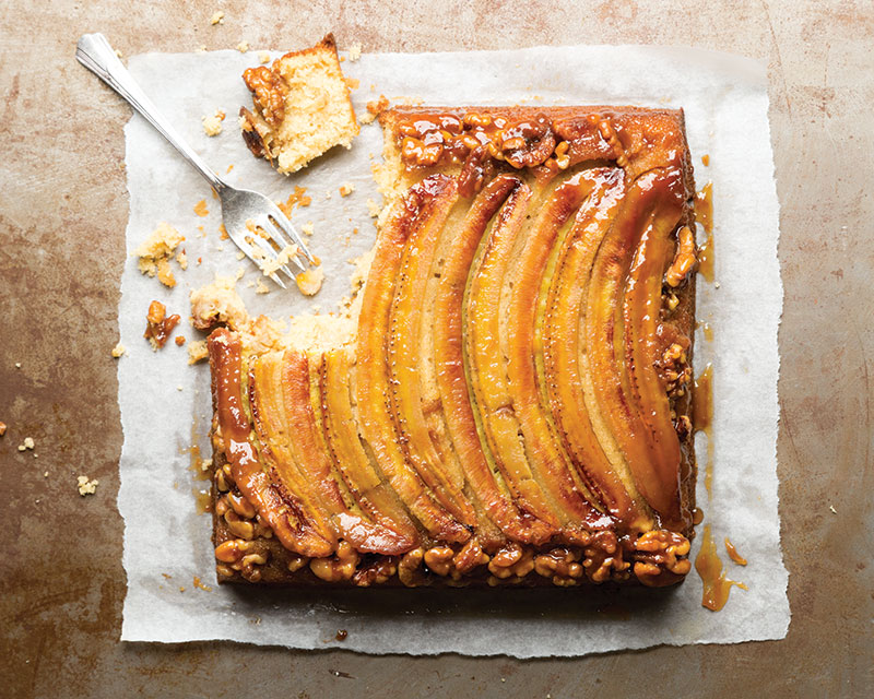 Banana Upside-Down Cake with Walnuts and Coconut