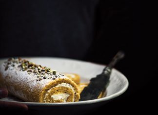 Pumpkin Cake Roll with Orange Blossom Crème Fraîche and Pistachios pumpkin cake roll