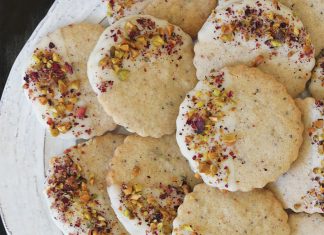 Thandai Shortbread Cookies Dipped in White Chocolate with Pistachios and Rose Petals shortbread