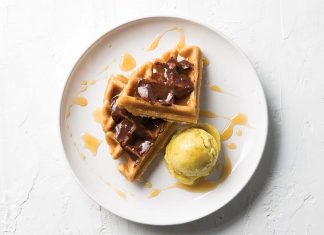 Vegan Peanut Butter Waffles with Chocolate Ganache, Curry-Banana Ice Cream, and Miso Caramel Vegan Peanut Butter Waffles