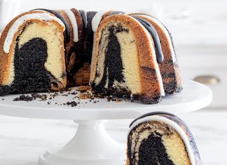 Black-and-White Chocolate Marble Pound Cake with Vanilla Bean and Black Cocoa Glazes
