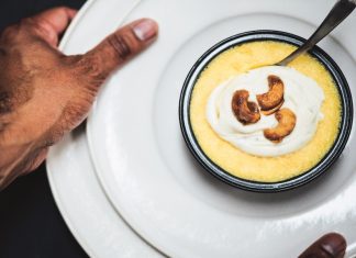 Butternut Squash Pudding with Cardamom Crème Fraîche and Caramelized Cashews