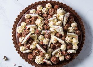 Peppermint Bark and Milk Chocolate Tart with Swiss Meringue Buttercream