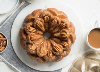 Pecan Pie Bundt Cake Pecan Pie Bundt Cake on white plate