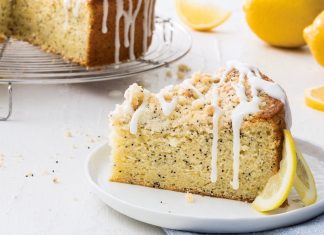 Lemon Poppy Seed Coffee Cake Lemon Poppy Seed Coffee Cake slice on white plate
