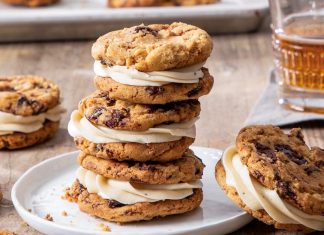 Chocolate-Cherry Browned Butter Sandwich Cookies with Whiskey Buttercream