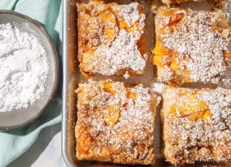 Peach Streusel Snack Cake Peach Streusel Snack Cake sliced in pan
