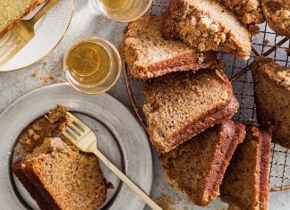 Banana Streusel Bread Banana Streusel Bread sliced on wire rack