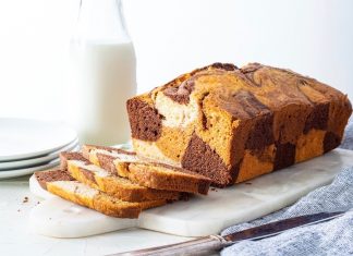Triple-Marble Pound Cake Triple-Marble Pound Cake sliced on cutting board