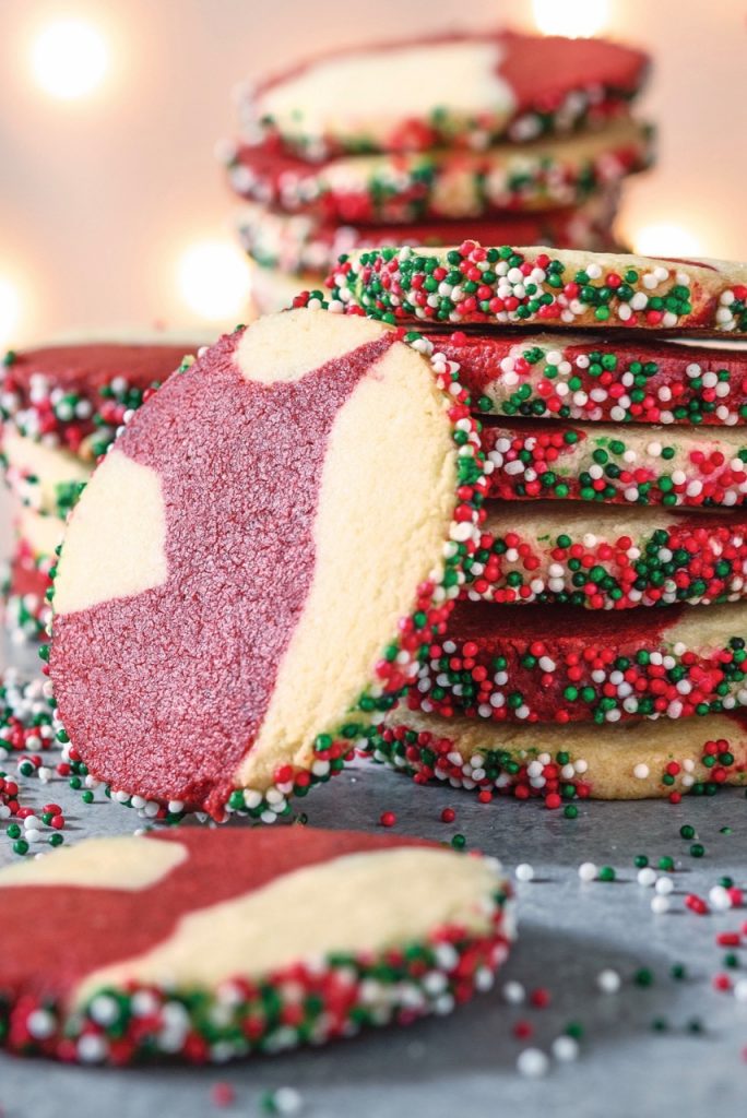Peppermint-Mocha Red Velvet Marble Cookies stacked