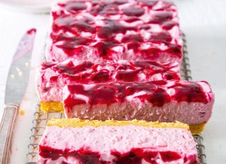 PB&J Mousse Bars PB&J Mousse Bars sliced on wire rack