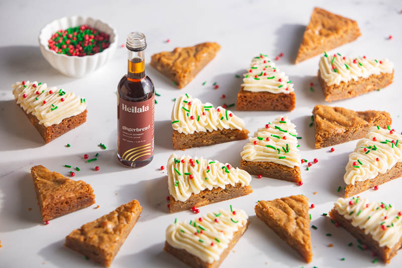 heilala gingerbread blondies topped with buttercream and sprinkles