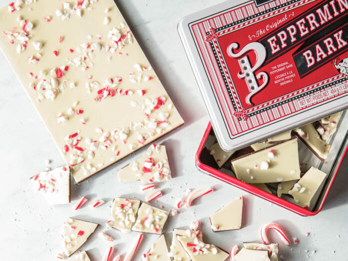Peppermint Bark sweepstakes 2023 - Williams Sonoma Peppermint Bark scattered on marble.