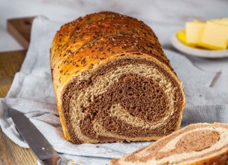 Marbled Rye Bread marbled rye bread on fabric with knife