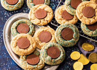 Gelt Cookie Butter Blossom Cookies Gelt Cookie Butter Blossom Cookies on gold tray with chocolate coins