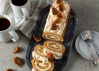 Figgy Pudding Roulade Figgy Pudding Roulade sliced on black plate
