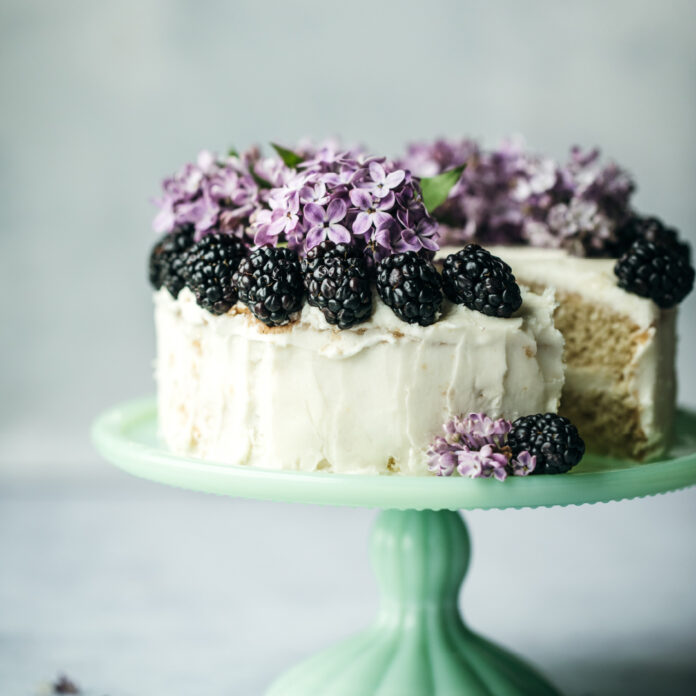 Blackberry Cake on a cake stand