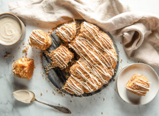 Baking School In-Depth: Hungarian Coffee Cake Hungarian coffee cake pulled apart overhead on marble.