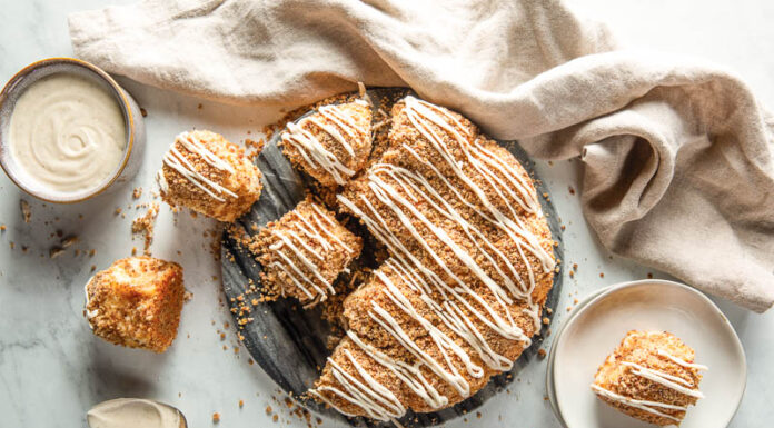 Baking School In-Depth: Hungarian Coffee Cake Hungarian coffee cake pulled apart overhead on marble.