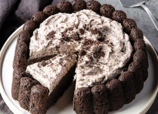 8 Sensational Small-Batch Bakes Black Cocoa Cookies and Cream Cake on White Platter with Silver Cake Slicer