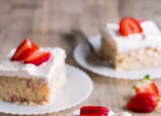 Baking for a Crowd: Memorial Day Treats Strawberry Sheet Cakes on white plate with forks