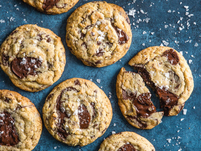 Ultimate Chocolate Chip Cookies on Blue Background