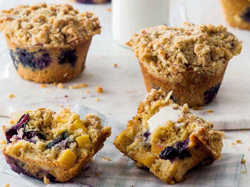 Peach and Blueberry Cornmeal Muffins