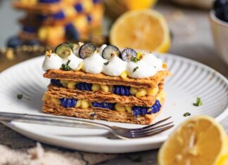 Blueberry-Lemon Swedish Napoleon Cake Blueberry-Lemon Swedish Napoleon Cake on White Plate with Fork
