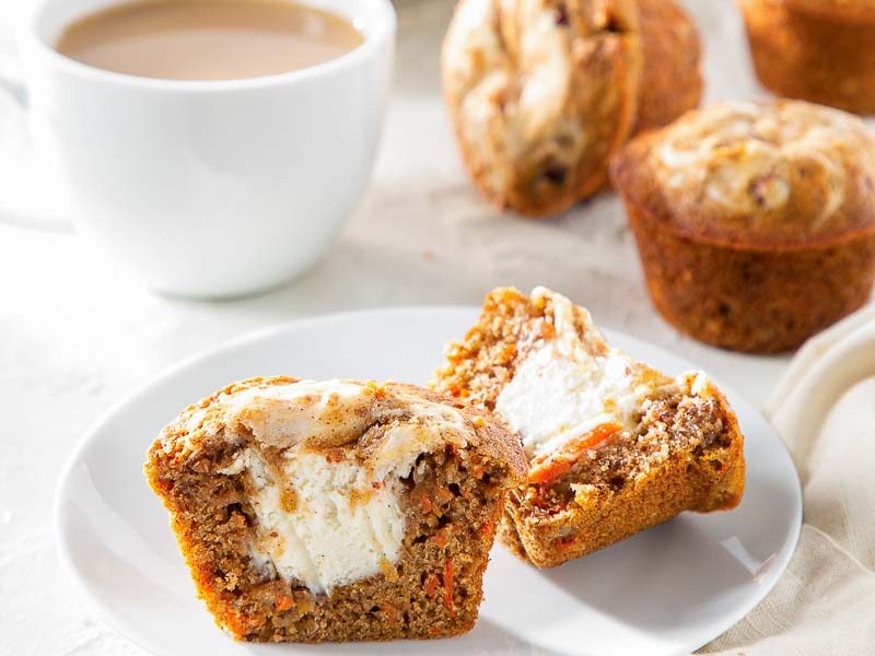 Morning Glory Muffins on White Plate with Coffee Cup in Background