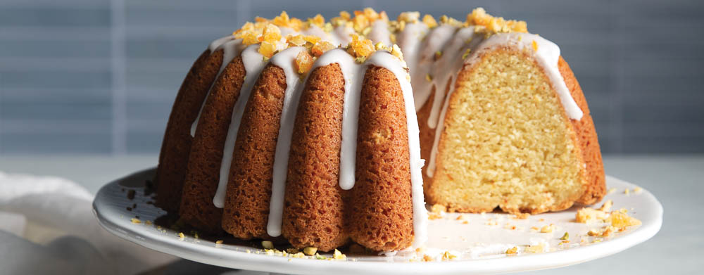 Persian Love Pound Cake on white cake stand