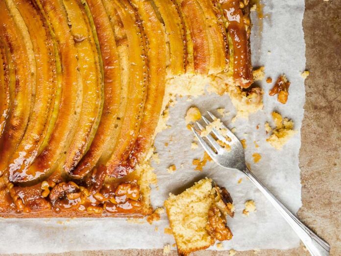 Banana Upside-Down Cake with Walnuts and Coconut