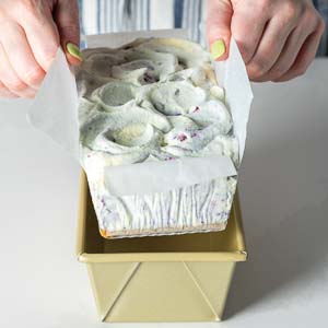 Removing semifreddo from pan with parchment paper