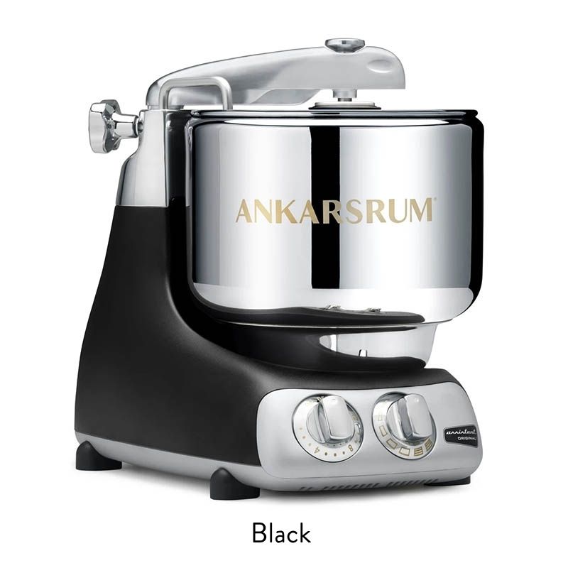 Ankarsrum Original stand mixer in black and chrome with control dials on the front panel