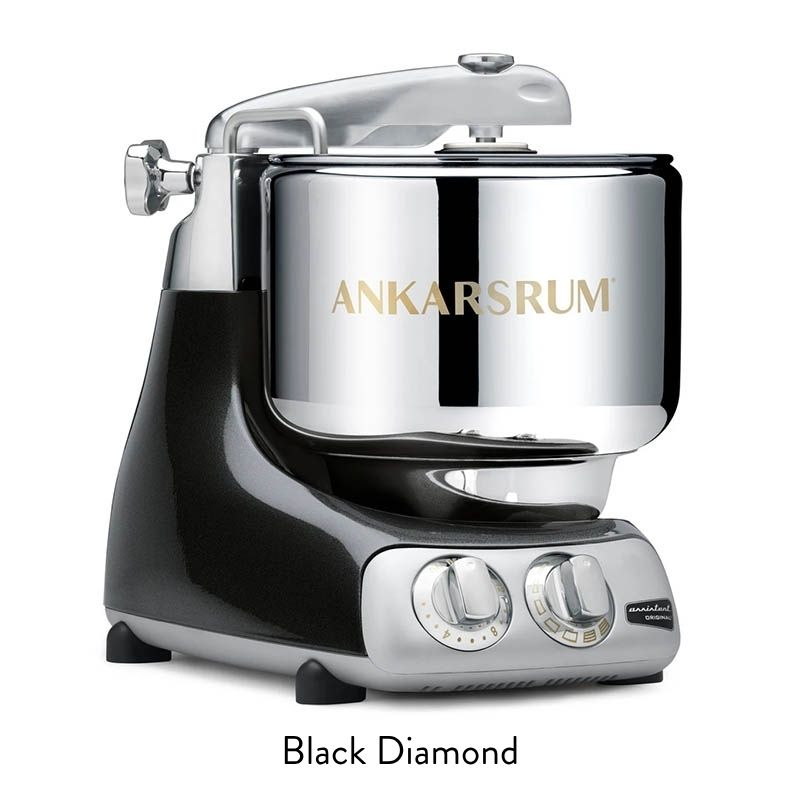 Chrome and black stand mixer with dual control dials on the front and a shiny mixing bowl, labeled Black Diamond/ANKARSRUM on the bowl surface.