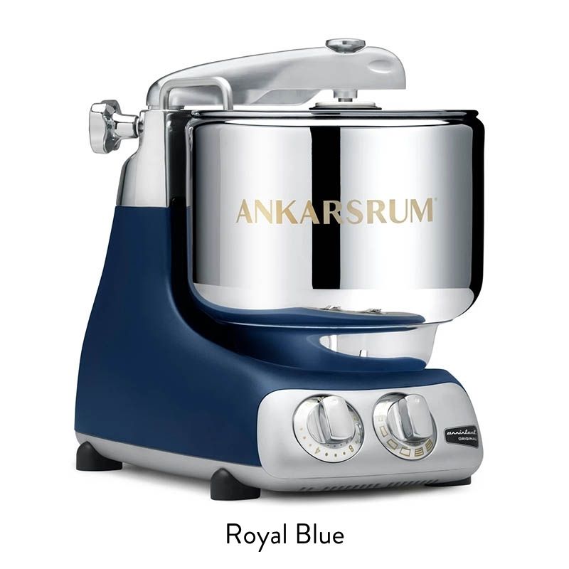 Royal blue Ankarsrum stand mixer with chrome mixing bowl and dual control dials