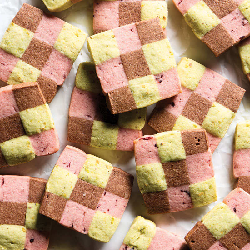 Square cut cookie with pink, green, and brown