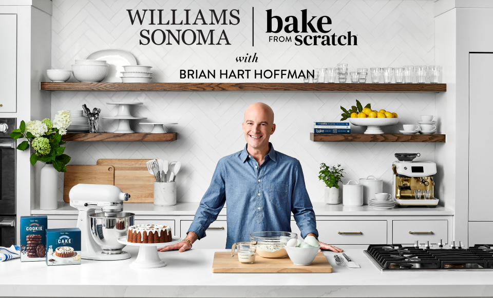 Williams Sonoma and Bake from Scratch with Brian Hart Hoffman Brian Hart Hoffman in kitchen with baking mixes