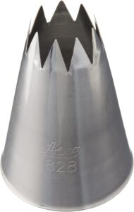 Metal star-shaped piping tip for decorating icing on cakes or cookies; silver stainless steel with jagged edge at the tip.