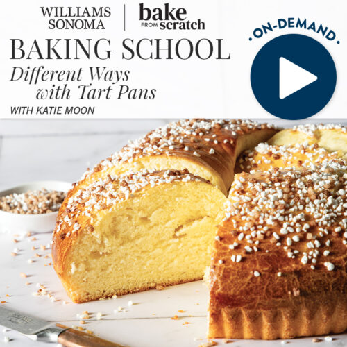 Promotional banner for Williams Sonoma Bake from Scratch Baking School, showing a sliced loaf of sugared bread in the foreground.