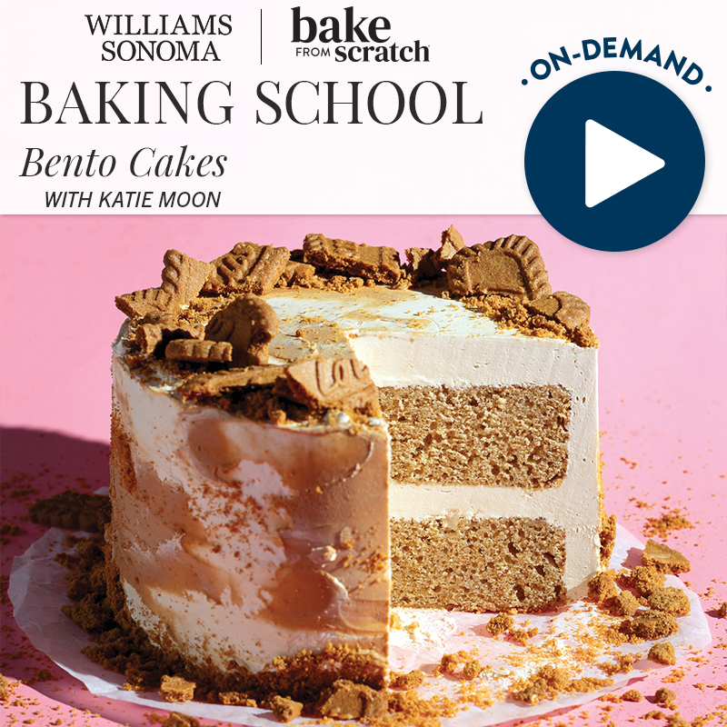 Promotional banner for Williams-Sonoma Baking School showing a pink-background, layered cake with cookie crumbles and a video play button icon at top right.