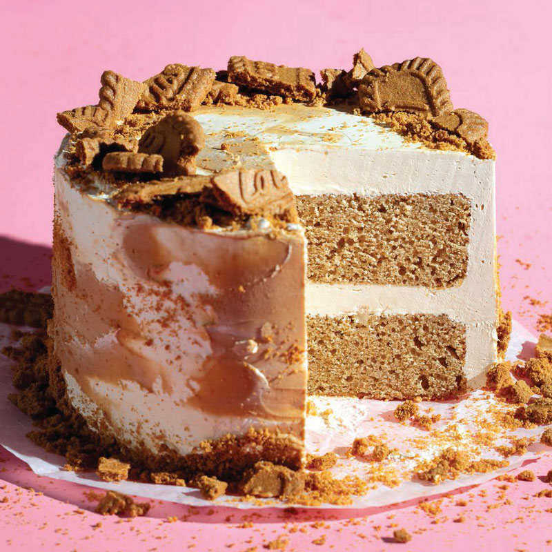 Two-layer cake with white frosting and cookie pieces on top against a pink background