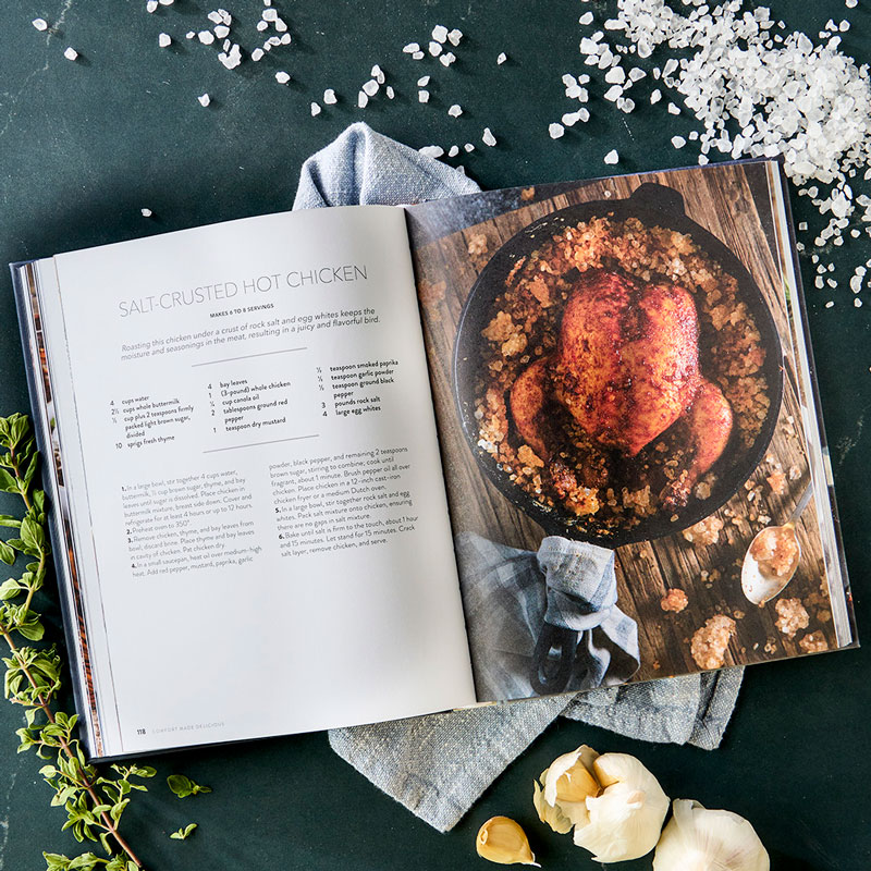 Comfort Made Delicious internal spreads with garlic, napkin, salt, and herb