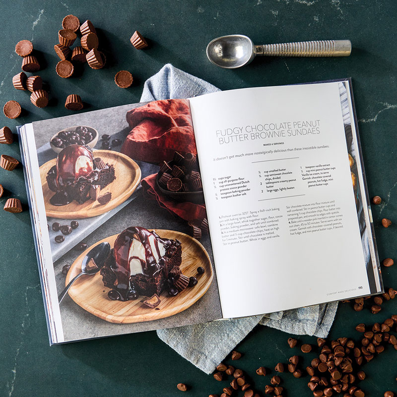 Comfort Made Delicious internal styled spread with chocolate pieces and ice cream scoop