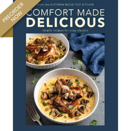 Cover of a cookbook titled 'Comfort Made Delicious' with two bowls of creamy mushroom chicken on a dark blue background and a gold 'Preorder now' ribbon in the top-left.