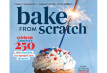 Shop the Issue: July/August 2026 Cover of Bake from Scratch magazine featuring a cupcake with white frosting, red/blue sprinkles, and a lit sparkler on a blue background